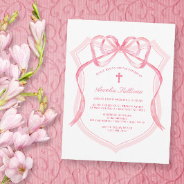 Invitación Bautismo Escudo de Bow Rosado