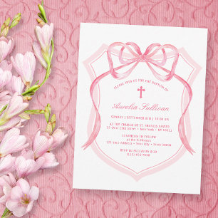 Invitación Bautismo Escudo de Bow Rosado