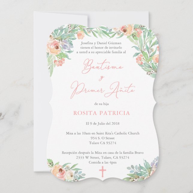 Invitación Bautismo español bautismo y primer cumpleaños de C (Anverso)