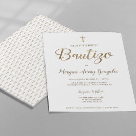 Invitación Bautismo Español Cruz de Oro Blanco Bautizo Simple