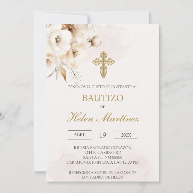 Invitación Bautismo español floral blanco (Anverso)