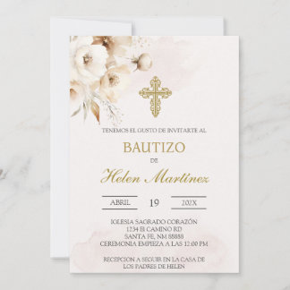 Invitación Bautismo español floral blanco