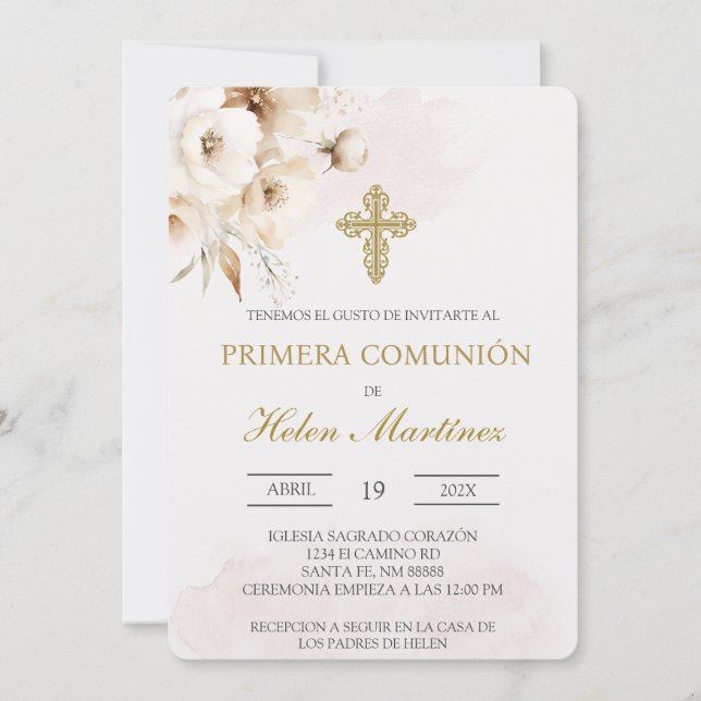 Invitación Bautismo español floral blanco (Anverso)