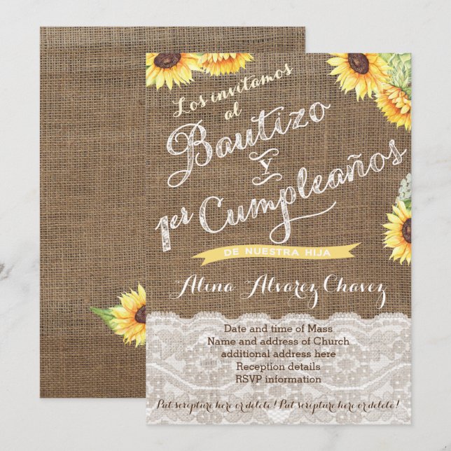 Invitación Bautismo español y primer cumpleaños para latina n (Anverso / Reverso)