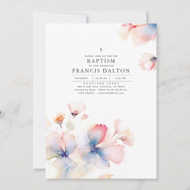 Invitación Bautismo etéreo elegante rosa y azul turbio (Anverso)