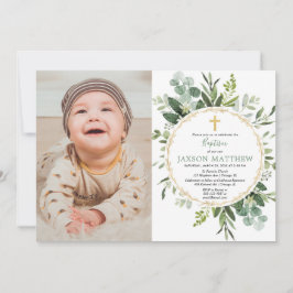 Invitación Bautismo eucalipto, follaje verde foto moderna