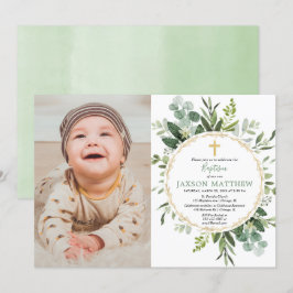Invitación Bautismo eucalipto, follaje verde foto moderna
