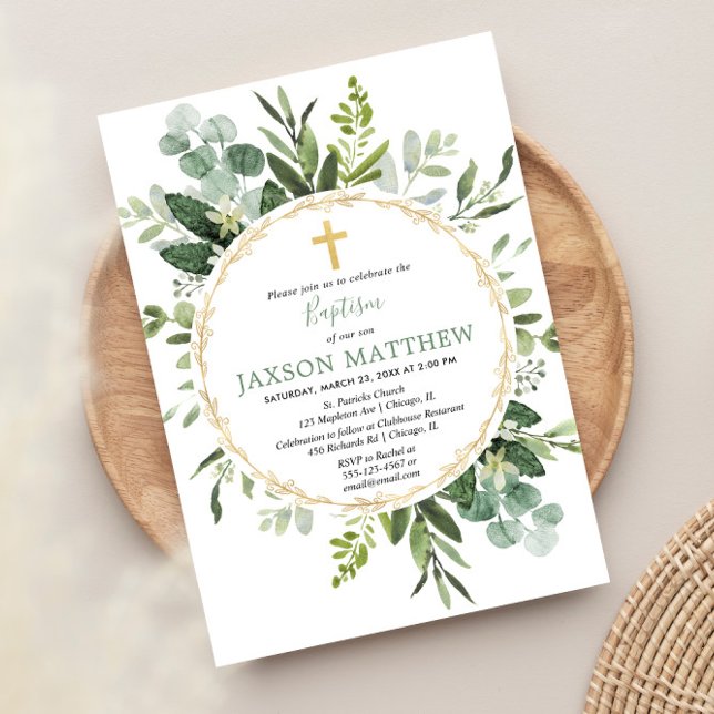 Invitación Bautismo eucalipto, follaje verde moderno (Subido por el creador)