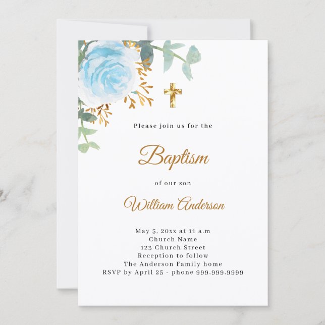 Invitación Bautismo eucalipto verde azul flores niño (Anverso)