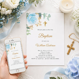 Invitación Bautismo eucalipto verde azul flores niño