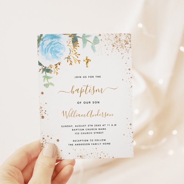 Invitación Bautismo eucalipto verde oro azul niño floral (Subido por el creador)