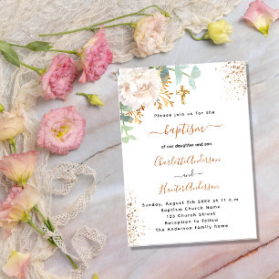Invitación Bautismo eucalipto verde rosa oro floral