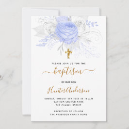 Invitación Bautismo flor azul claro niño elegante blanco