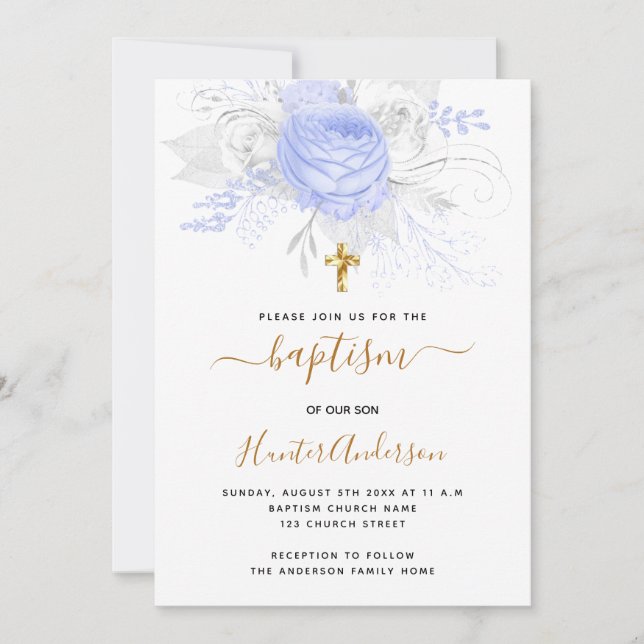 Invitación Bautismo flor azul claro niño elegante blanco (Anverso)