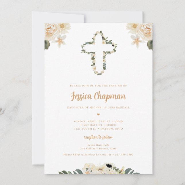Invitación Bautismo floral acuarela (Anverso)