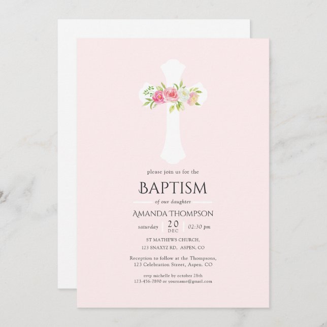 Invitación Bautismo floral acuarela o cristianismo (Anverso / Reverso)