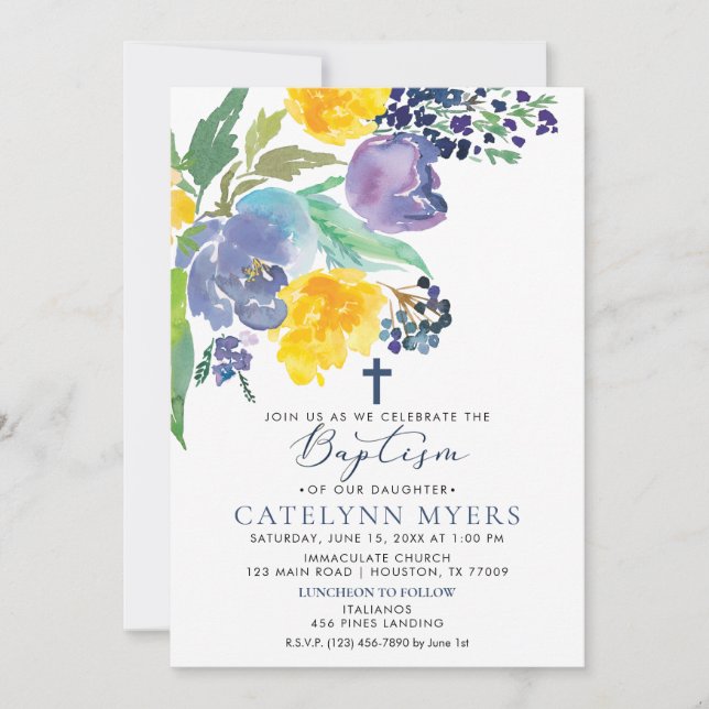 Invitación Bautismo floral amarillo y morado brillante de la  (Anverso)
