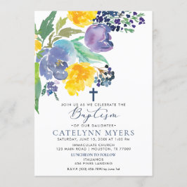 Invitación Bautismo floral amarillo y morado brillante de la