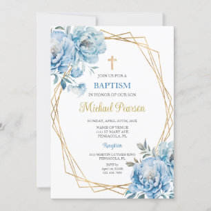 Invitación Bautismo floral azul