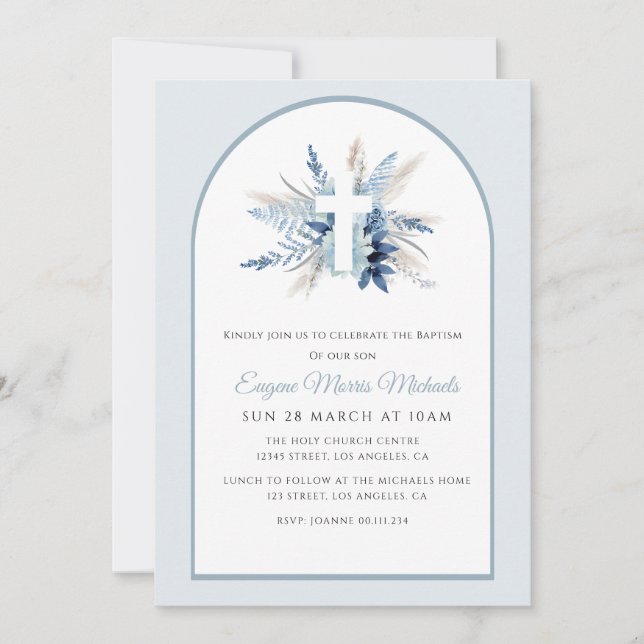 Invitación bautismo floral azul arco moderno (Anverso)
