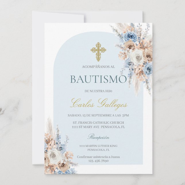 Invitación Bautismo floral azul claro (Anverso)
