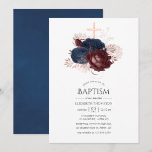 Invitación Bautismo floral azul marino y granate