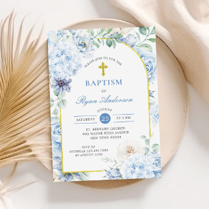 Invitación Bautismo Floral Azul Polvo Oro