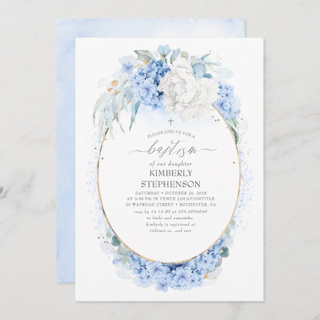 Invitación Bautismo floral azul y blanco turbio (Anverso / Reverso)