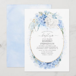 Invitación Bautismo floral azul y blanco turbio
