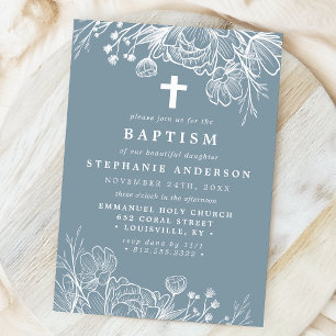 Invitación Bautismo floral azul y blanco turbio