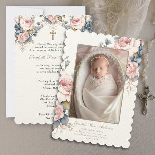 Invitación Bautismo floral Bebé Foto cruzada por guiones