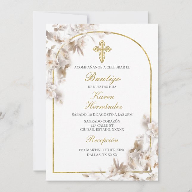 Invitación Bautismo floral blanco español (Anverso)