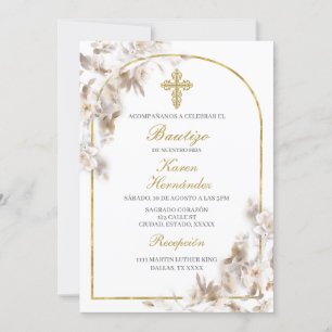 Invitación Bautismo floral blanco español