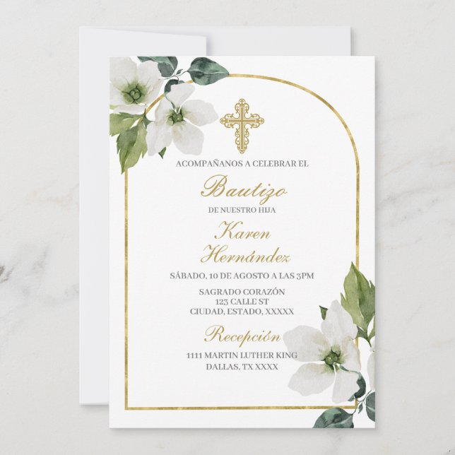 Invitación Bautismo floral blanco Español (Anverso)