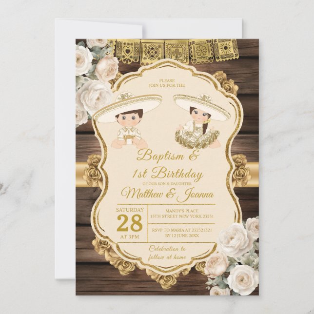 Invitación Bautismo floral blanco gemelo niño y Chica primer  (Anverso)
