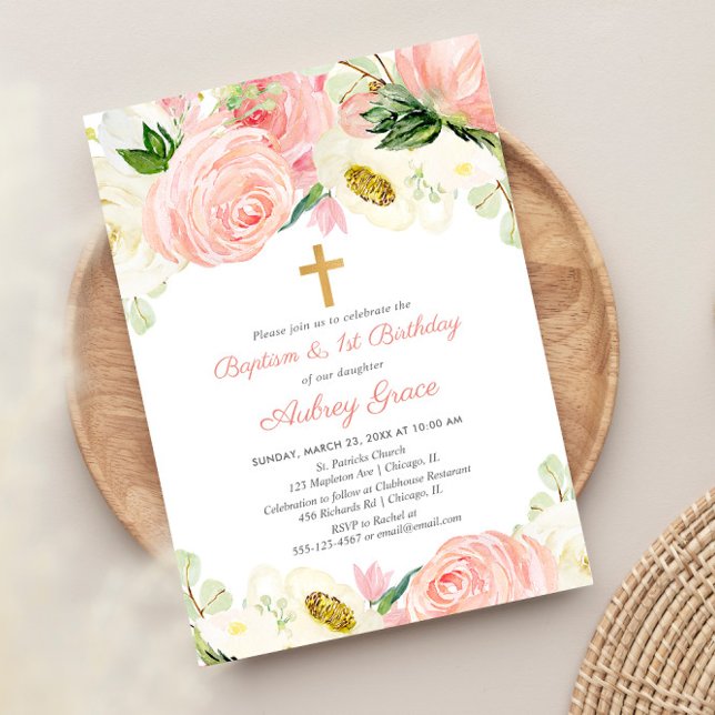 Invitación Bautismo floral blanco rosado de Rubor primer cump (Subido por el creador)