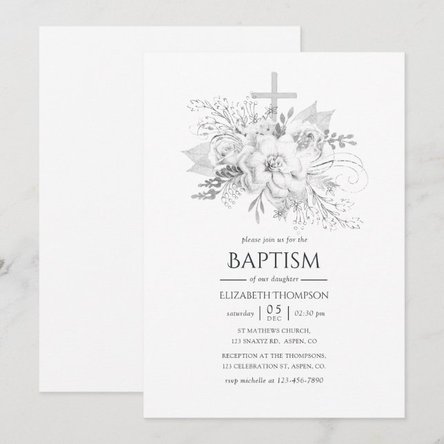 Invitación Bautismo floral blanco y plateado (Anverso / Reverso)