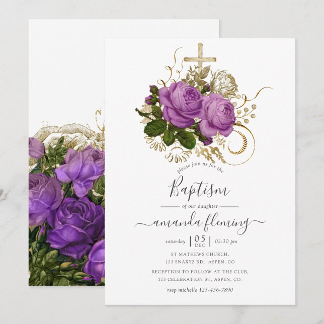 Invitación Bautismo floral chic vintage púrpura y dorado (Anverso / Reverso)
