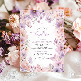 Invitación Bautismo floral Christening Chica de Mariposa Mora