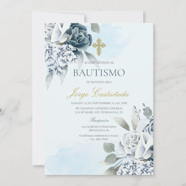 Invitación Bautismo floral claro (Anverso)