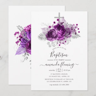 Invitación Bautismo floral de acuarela de ciruela y plata