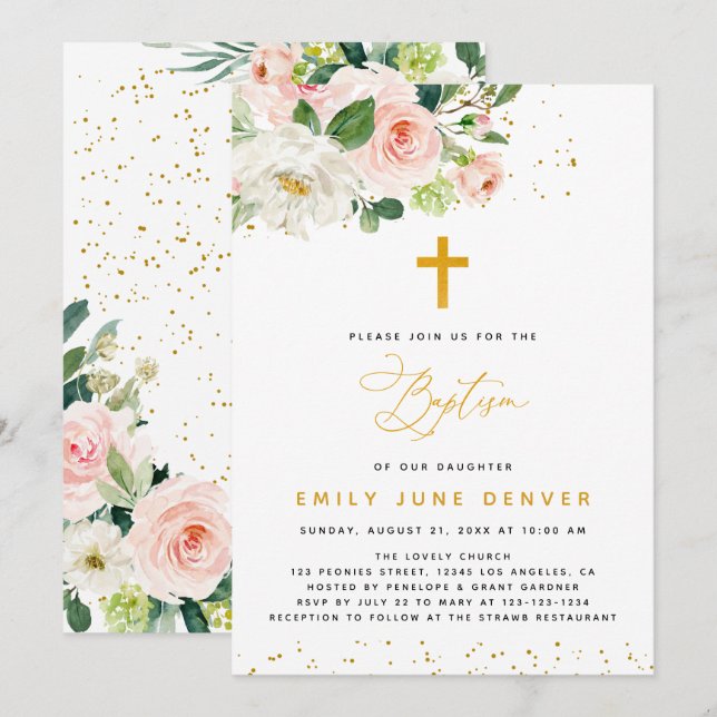 Invitación Bautismo floral de acuarela rosa y dorada (Anverso / Reverso)