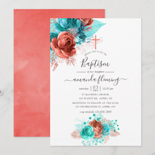 Invitación Bautismo floral de acuarela turquesa y coral