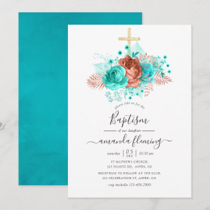 Invitación Bautismo floral de acuarela turquesa y coral