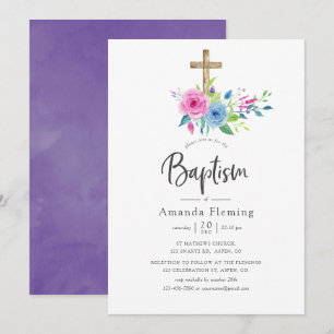 Invitación Bautismo floral de acuarela violeta ultra