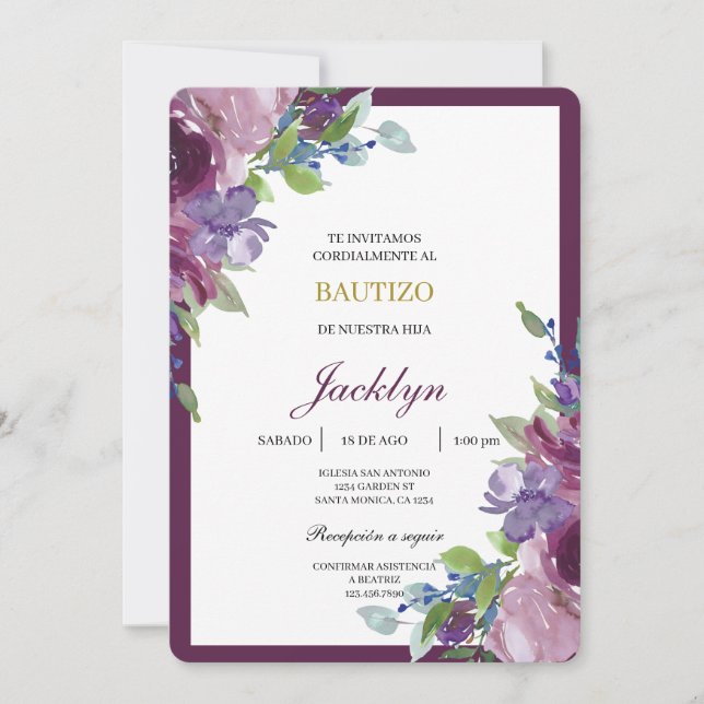 Invitación Bautismo floral de Borgoña (Anverso)