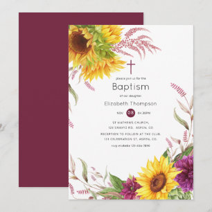 Invitación Bautismo floral de ciruela y sol de Borgoña