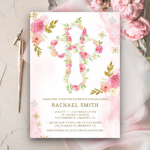 Invitación Bautismo floral de color dorado rosado Rubor