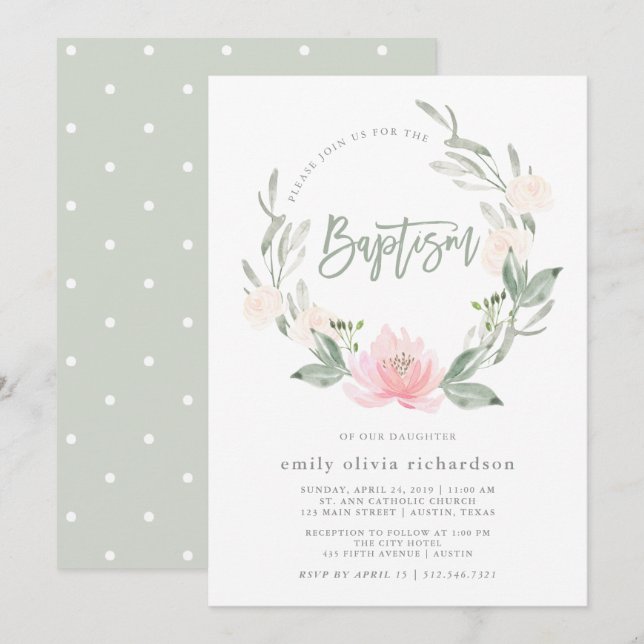 Invitación Bautismo floral de la acuarela de la guirnalda el (Anverso / Reverso)
