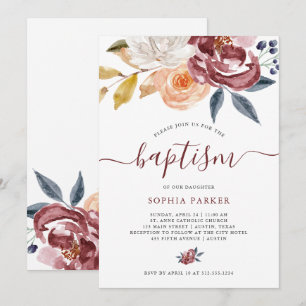Invitación Bautismo floral de la acuarela el   de Borgoña